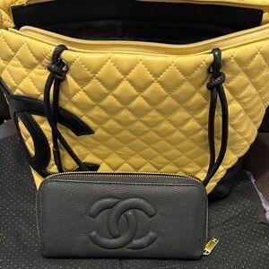 Yellow Quilted Tote with Black Trim and Black Wallet designer inspired